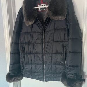 Alp N Rock Black Down Puffer Jacket with Fur and leather Trim and fur lining